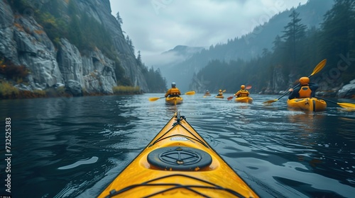 People paddle kayaks amidst the natural scenery surrounded by mountains.