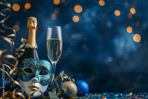 Festive background with confetti  champagne and mask