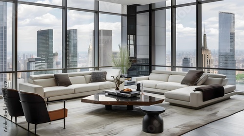 This luxurious penthouse living room features sophisticated decor, expansive windows offering panoramic views of the city skyline.