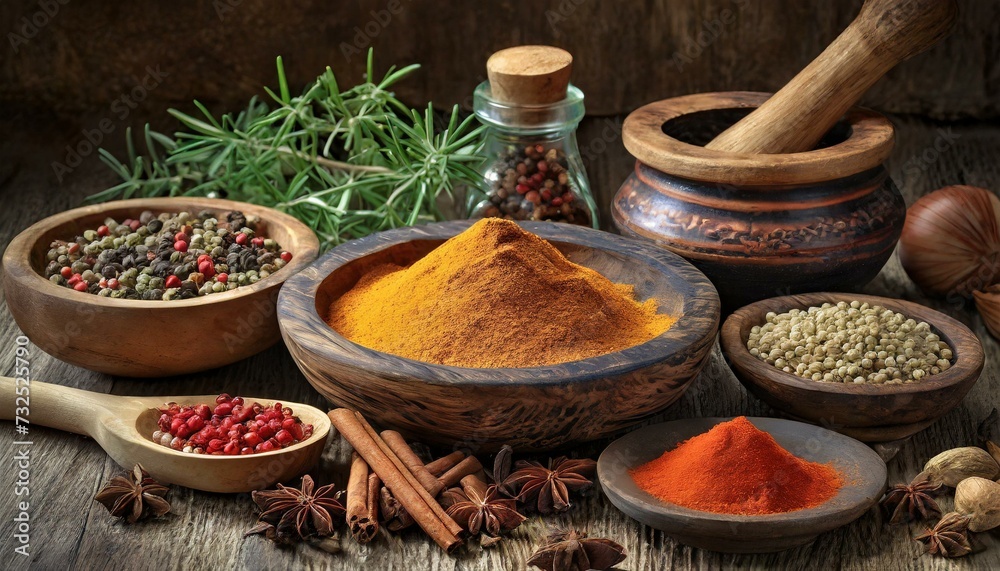 Various spices and herbs on a table Various spices and herbs on a table