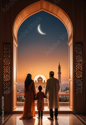 Silhouette of Muslim family - a woman in hijab, a man in fez and their young son standing under an Arabian arch looking at a beautiful mosque at sunset and the crescent moon in the sky during Ramadan