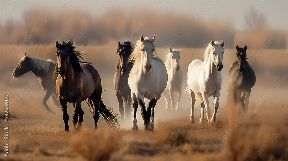 Fototapeta premium Wild Horses Running Along Prairie Grass