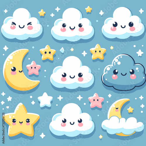 Cute Cloud  Star and Moon Vector Illustration
