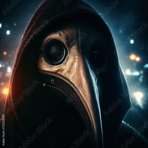Plague Doctor Mask. A haunting yet captivating image of a figure in a plague mask, shrouded in mystery under the city’s nocturnal glow. A blend of fear and fascination.