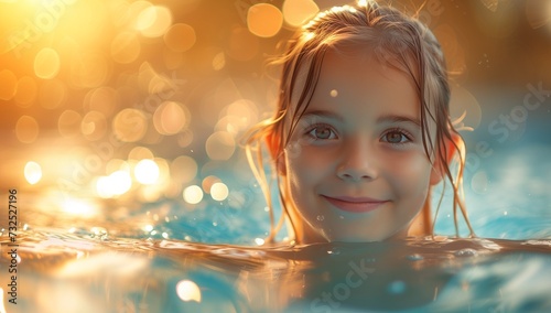 Smiling cute little girl in pool in sunny day.