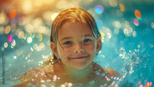 Smiling cute little girl in pool in sunny day.