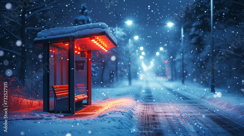 Bus stop at night in winter.