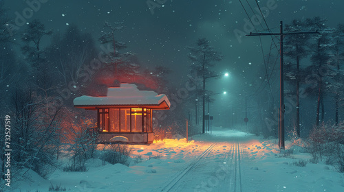 Bus stop at night in winter.