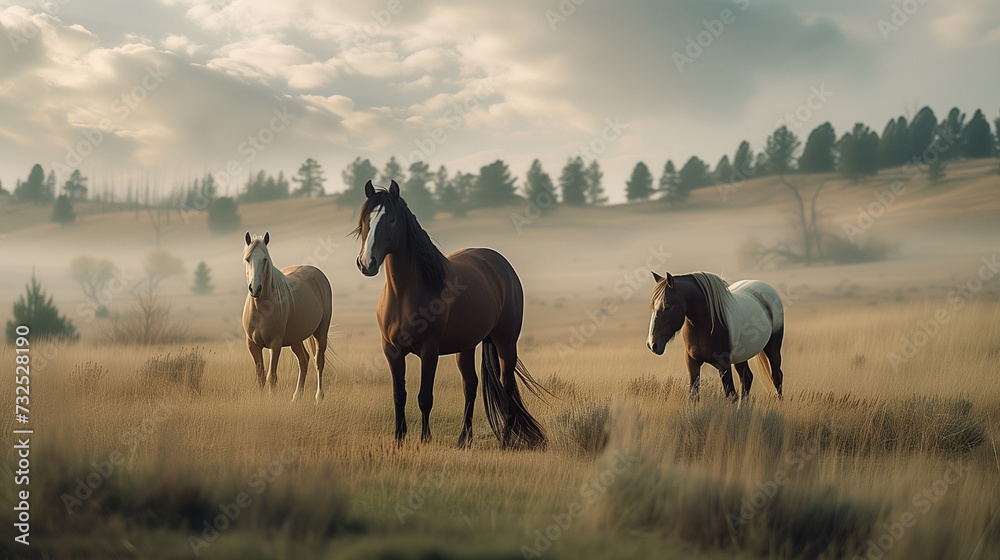Wild Horses Running Along Prairie Grass Wild Horses Running Along Prairie Grass
