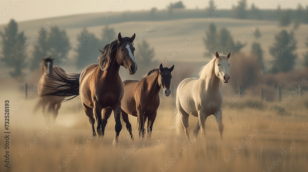 Fototapeta premium Wild Horses Running Along Prairie Grass