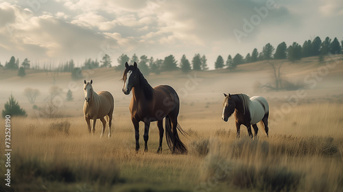 Wild Horses Running Along Prairie Grass