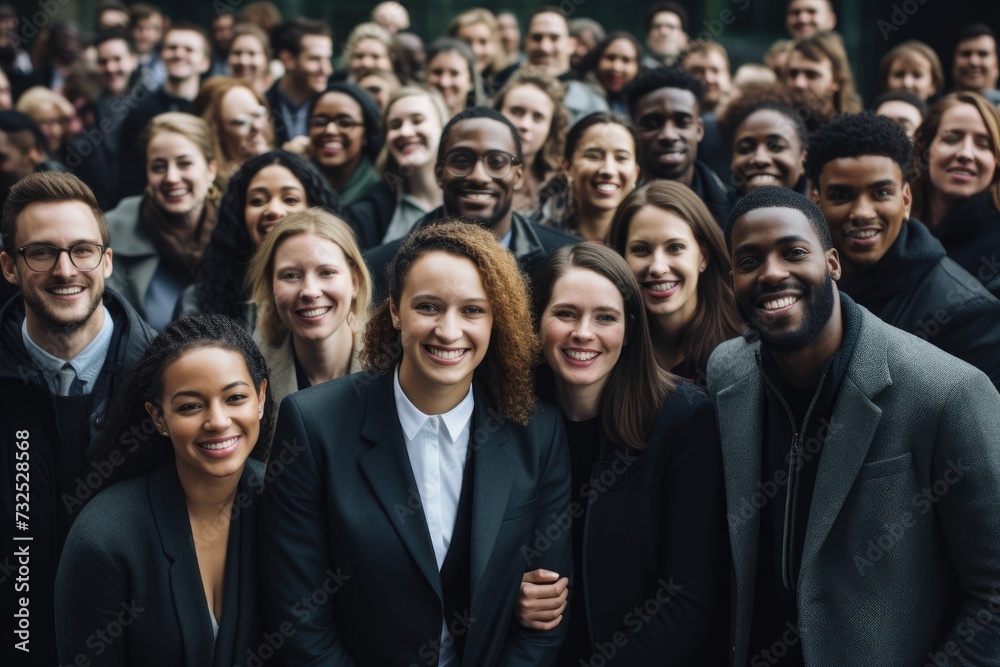 Fototapeta premium Team Unity: A group of cheerful business individuals stands shoulder to shoulder in a row, radiating positivity and teamwork.