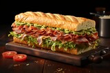 Sandwich with ham, cheese, lettuce, tomatoes,onion, mortadella and sausage on wooden kitchen board