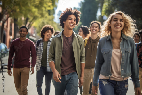 Happy multiracial friends walking down the street. Friendship concept with multicultural young people on winter clothes having fun together