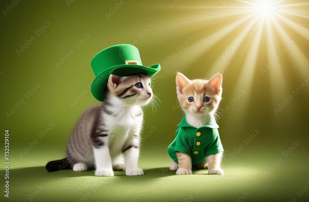 Two cute kittens sits isolated on green background and sun beams, wearing a leprechaun Hat. St. Patrick's day background. Greeting card