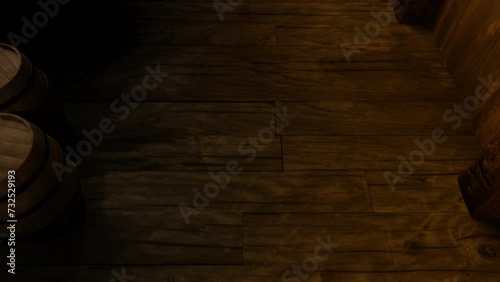 View of the floor of the old tavern. There are barrels on it and on one of them lies a skull. 3D animation.
