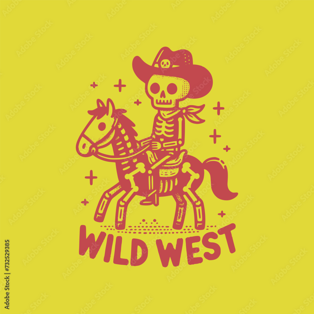 retro art cool skeleton wearing cowboy outfit riding horse vector illustration