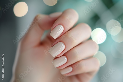 Closeup to woman hands with elegant neutral colors manicure. Beautiful nude gel polish manicure on square nails on festive background with bokeh photo