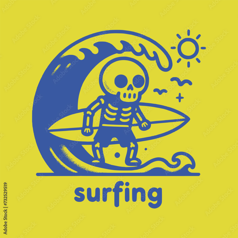 retro art cool skeleton surfing in wave vector illustration