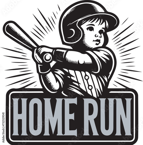 retro art baseball player kid do home run vector illustration photo