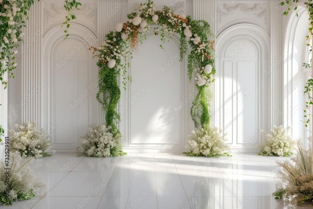Fototapeta premium Contemporary wedding backdrop with white walls and striking details, seen from the front.