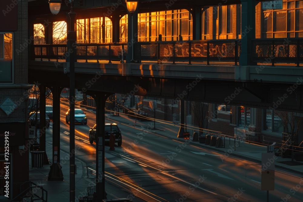 Urban Street at Sunset with City Life. The sun casts a golden glow over ...