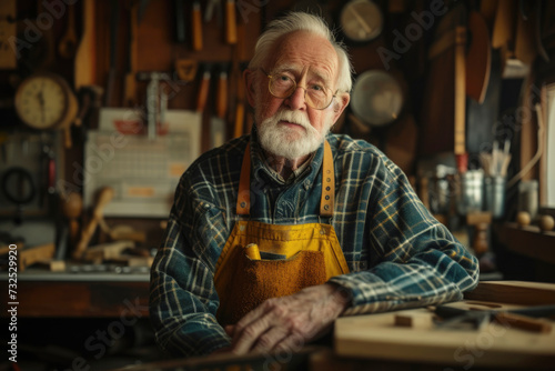 Elderly Craftsman in a Vintage Workshop. An elderly craftsman with a thoughtful expression stands in his vintage workshop surrounded by tools.