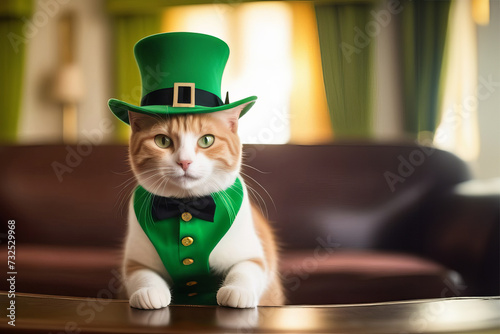 St. Patrick's day celebration. Cute cat with leprechaun hat.St. Patrick's Day. kitty in a leprechaun hat indoors. St Patricks day red cat dog sitting down with green top hat © Александр Ткачук