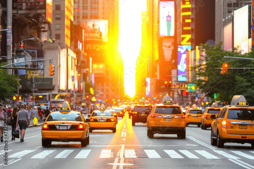 Sunset Glow on New York City Street. Sunlight floods a New York City street at sunset, casting a golden glow on taxis and buildings.