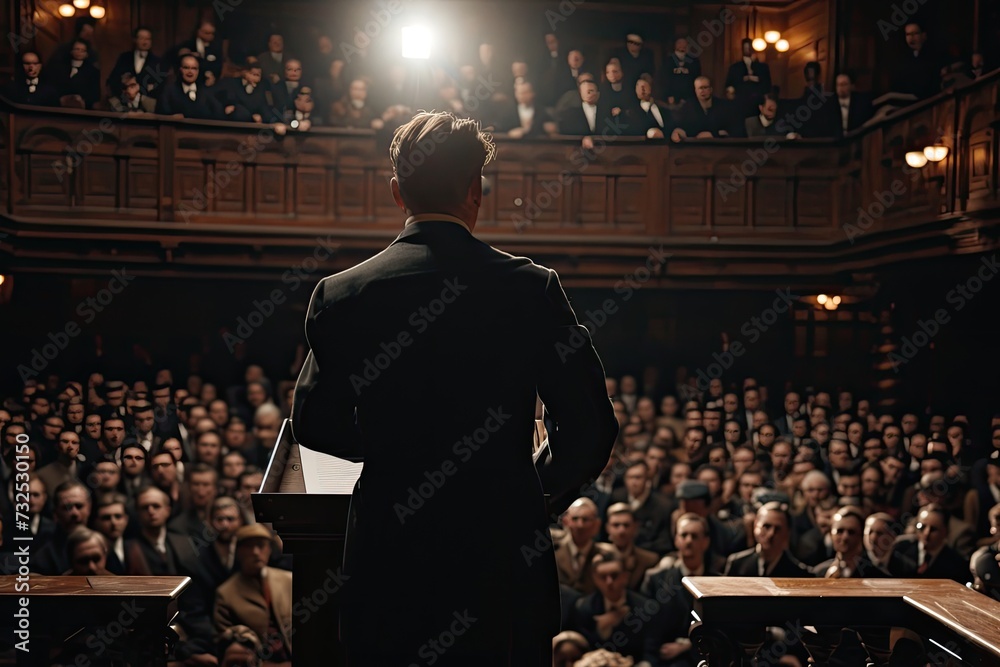A speaker with microphone in front of audiences A speaker with microphone in front of audiences