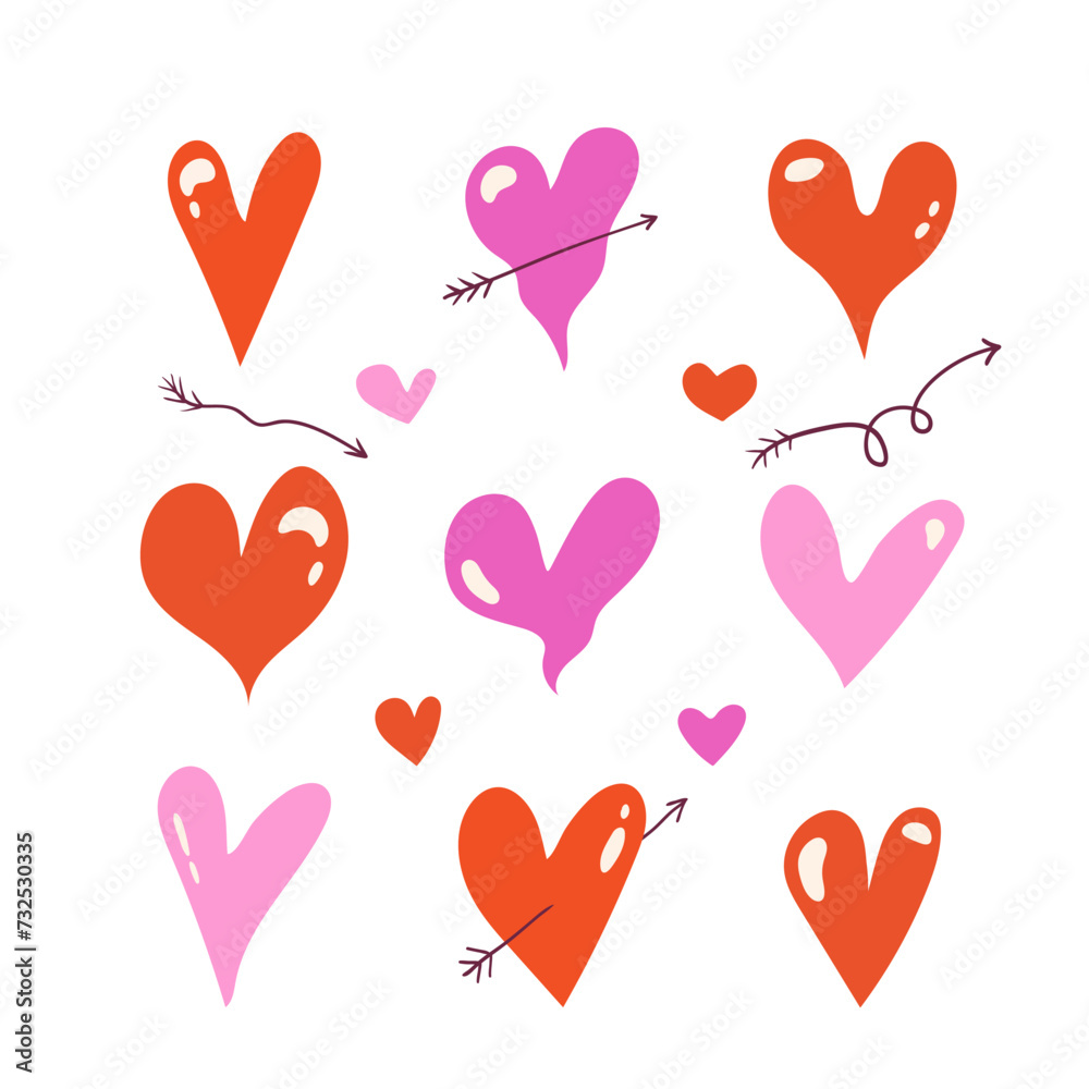set of different colorful hearts. poster with red and pink hearts. valentine's day card