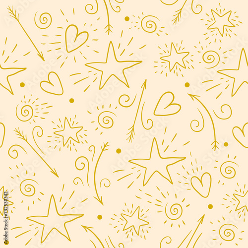 calm pattern with gold stars, hearts and arrows. cute baby pajama print (ID: 732530342)