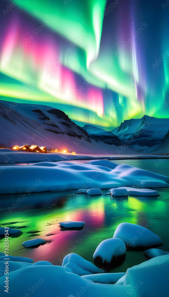 Rideaux avec Aurora Borealis, Northern Lights, Nature, Sky, Night, Astronomy, Aurora, Polar, Celestial, Spectacular, Beauty, Atmospheric, Green, AI Generated. #732530543