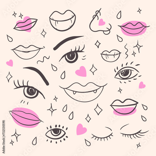 set of eyes, lips, eyelashes, eyebrows. beauty print cosmetics for facial beauty (ID: 732530598)