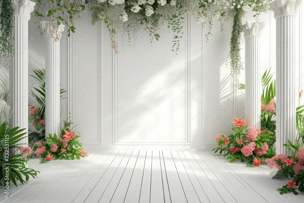 Fototapeta premium modern wedding backdrop with white color walls and vivid details. wedding backdrop front view environment