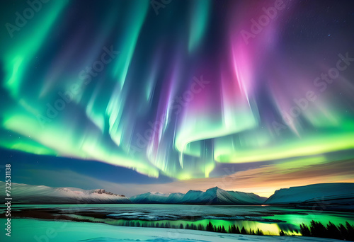 Aurora Borealis, Northern Lights, Nature, Sky, Night, Astronomy, Phenomenon, Aurora, Polar, Light Show, Celestial, Spectacular, Beauty, Atmospheric, Green, AI Generated.