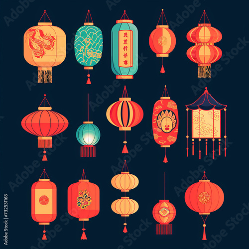 Set of Chinese lanterns in flat style.