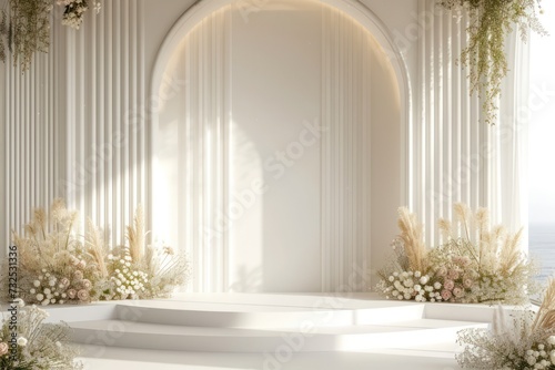 modern wedding backdrop with white color walls and vivid details. wedding backdrop front view environment  © Matthew