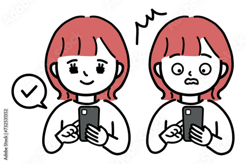 スマホを操作する若い女性の表情セット