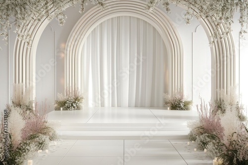 Contemporary wedding backdrop with white walls and striking details  seen from the front.