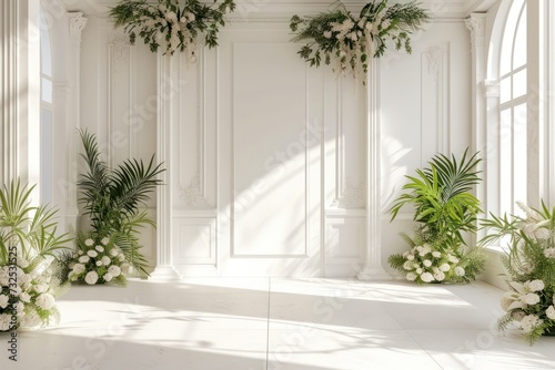 Contemporary wedding backdrop with white walls and striking details, seen from the front.