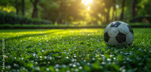 photo of a soccer ball on a green field background