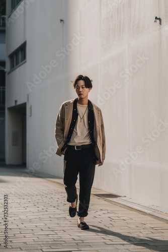a young man walking towards the camera in a casual chic outfit, Photography capturing an authentic vibe © Matthew