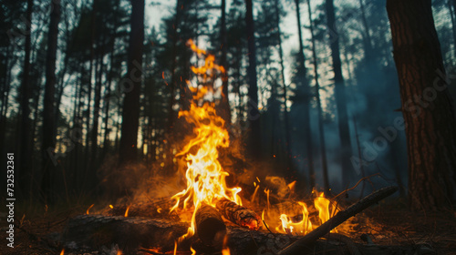 Campfire in a Wooded Area, A campfire burns brightly in a forest clearing, casting a warm glow on the surrounding trees.