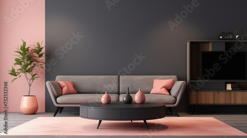Sophisticated Living Room with Blush and Charcoal Color Palette and Modern Decor