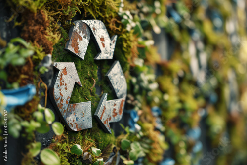 Recycling Symbol Overgrown with Foliage on a Wall, A rusting recycling sign enveloped by lush greenery on a wall, representing the intersection of human impact and nature's resilience.