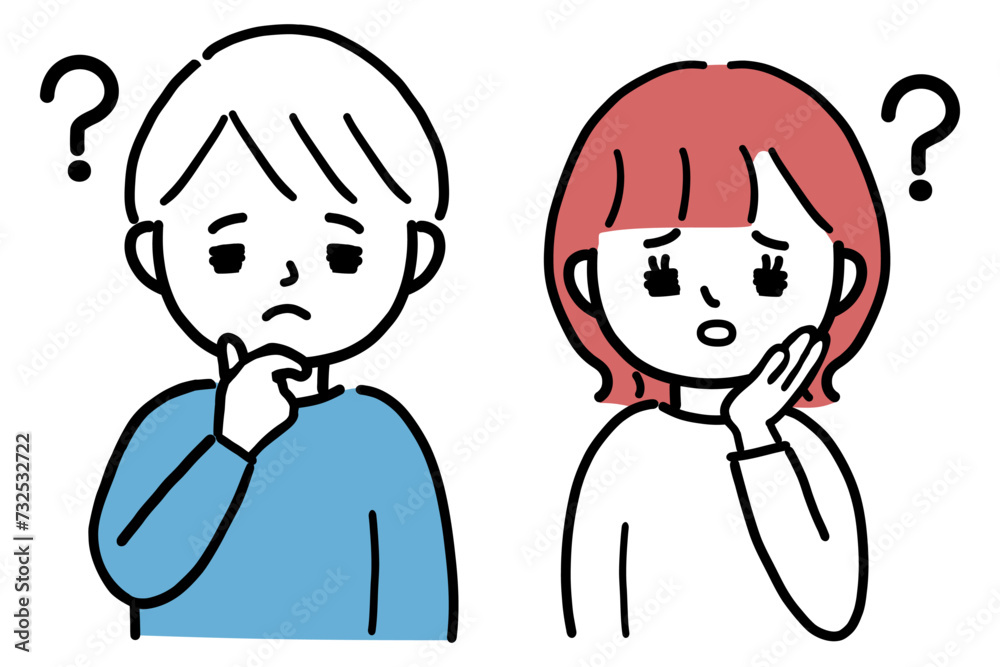 疑問を持つ若い男女の上半身イラスト 疑問を持つ若い男女の上半身イラスト