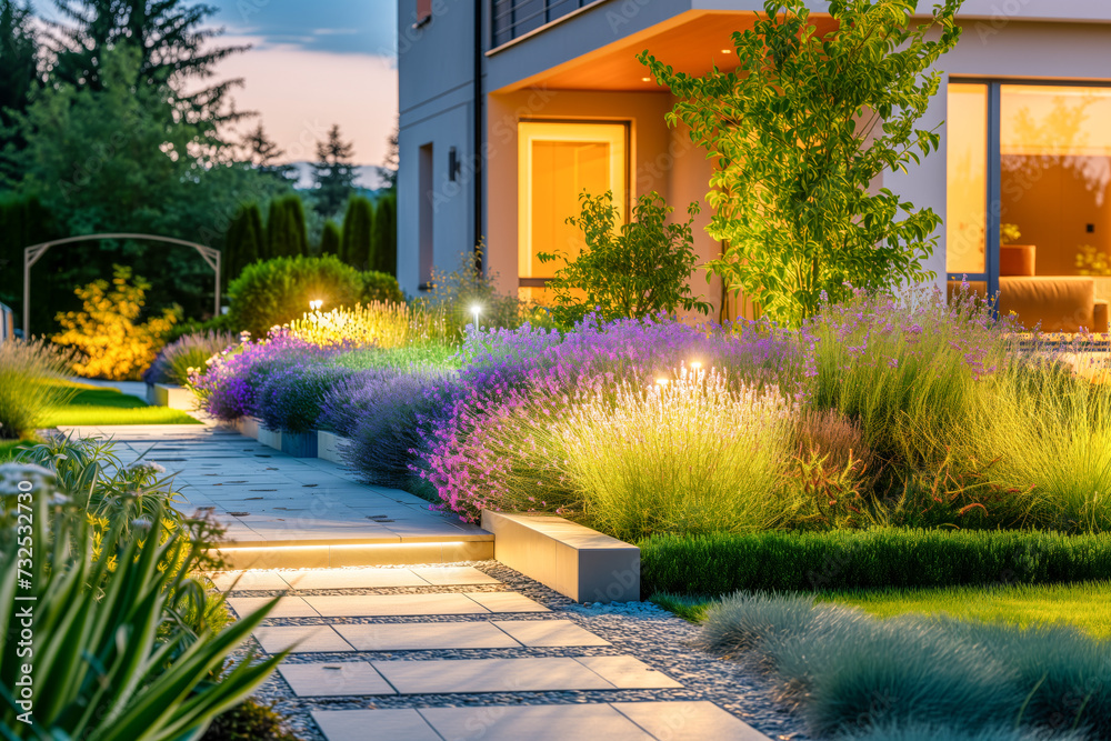 Obraz premium Modern gardening landscaping design details. Illuminated pathway in front of residential house. Landscape garden with ambient lighting system installation highlighting flowers plants