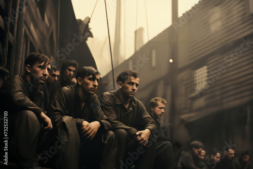 A group of male factory workers are sitting outside the workshops, dressed in work clothes, against the background of factory buildings, retro style