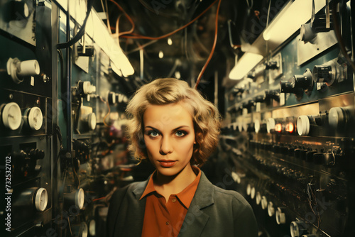 Portrait of a woman in front of control panel or equipment in the industrial center or laboratory